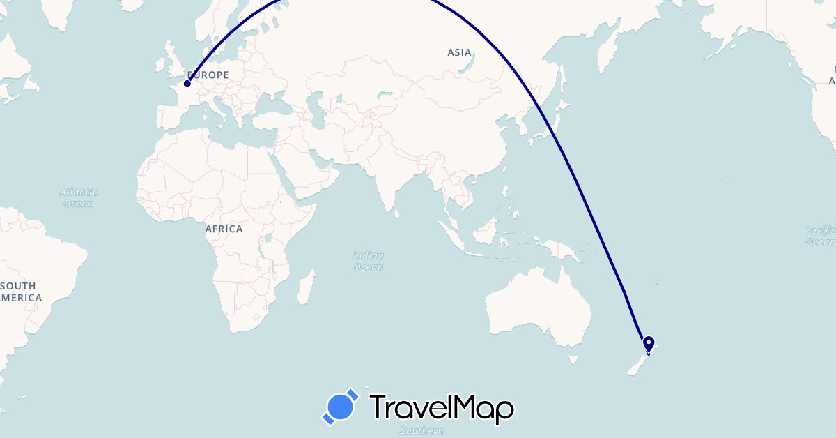TravelMap itinerary: driving in France, Japan, New Caledonia, New Zealand (Asia, Europe, Oceania)